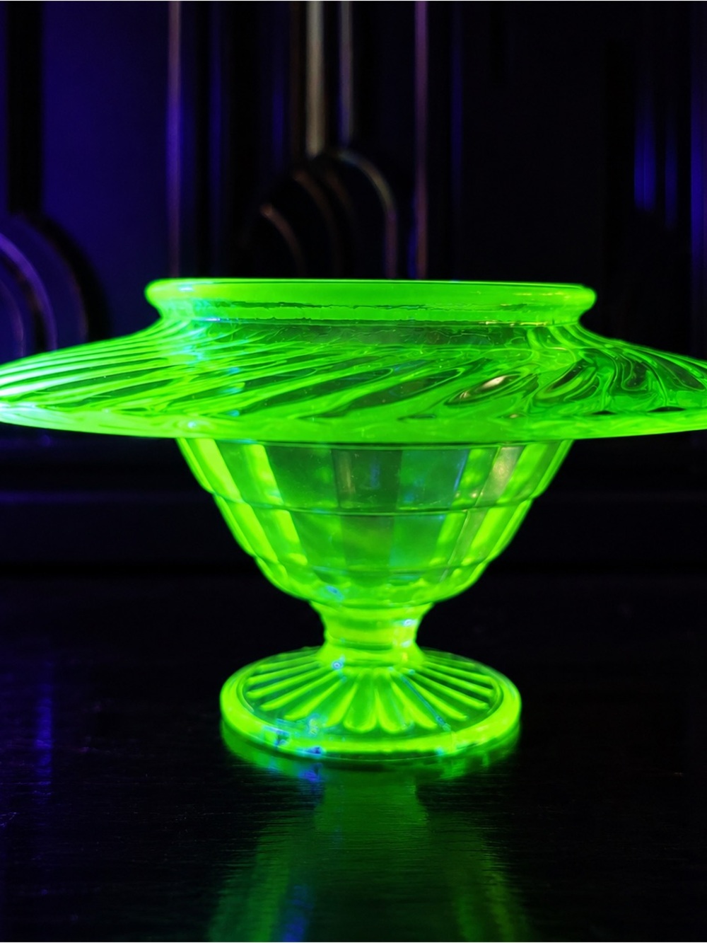 Vintage Uranium Green Glass Dessert Cup Saucer Fairy Lamp UV Reactive